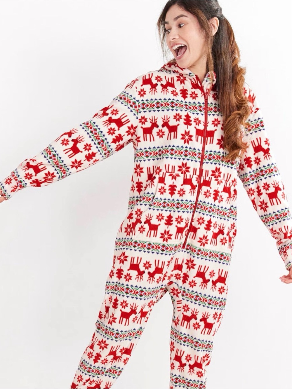 HANNA ANDERSSON Adult Dear Deer Marshmallow Hooded Fleece Jumpsuit | Size S / M